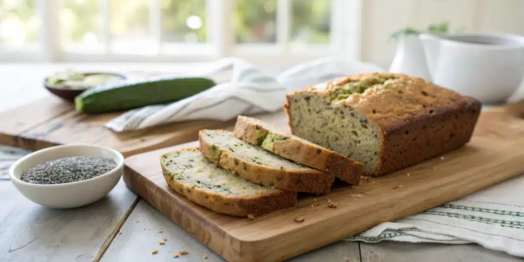 A sliced loaf of moist gluten free zucchini banana bread on a wooden board.