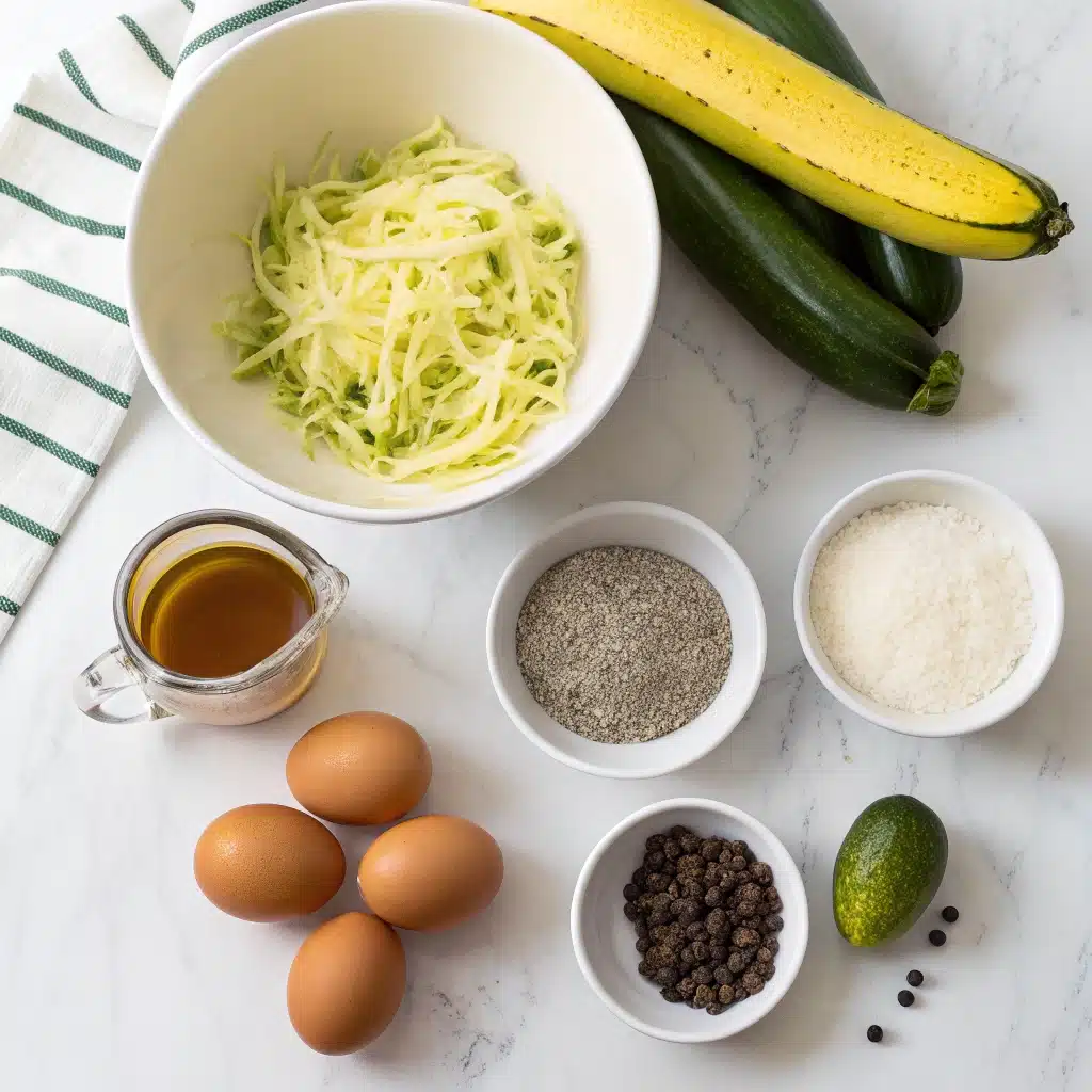 Ingredients for making easy gluten free zucchini banana bread laid out on a counter.