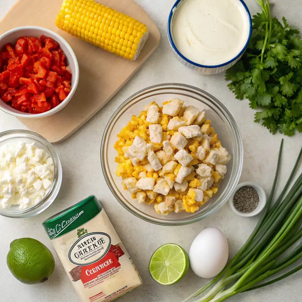Ingredients for the gluten-free Street Corn Chicken Bowl, including chicken, corn, cheese, and vegetables.