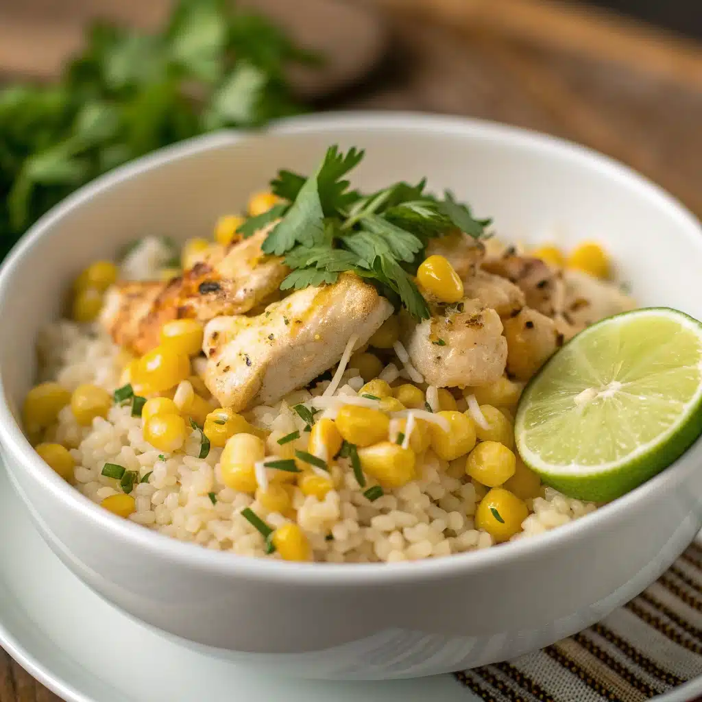 A serving of the gluten-free Street Corn Chicken Bowl on a plate with rice and a lime wedge.