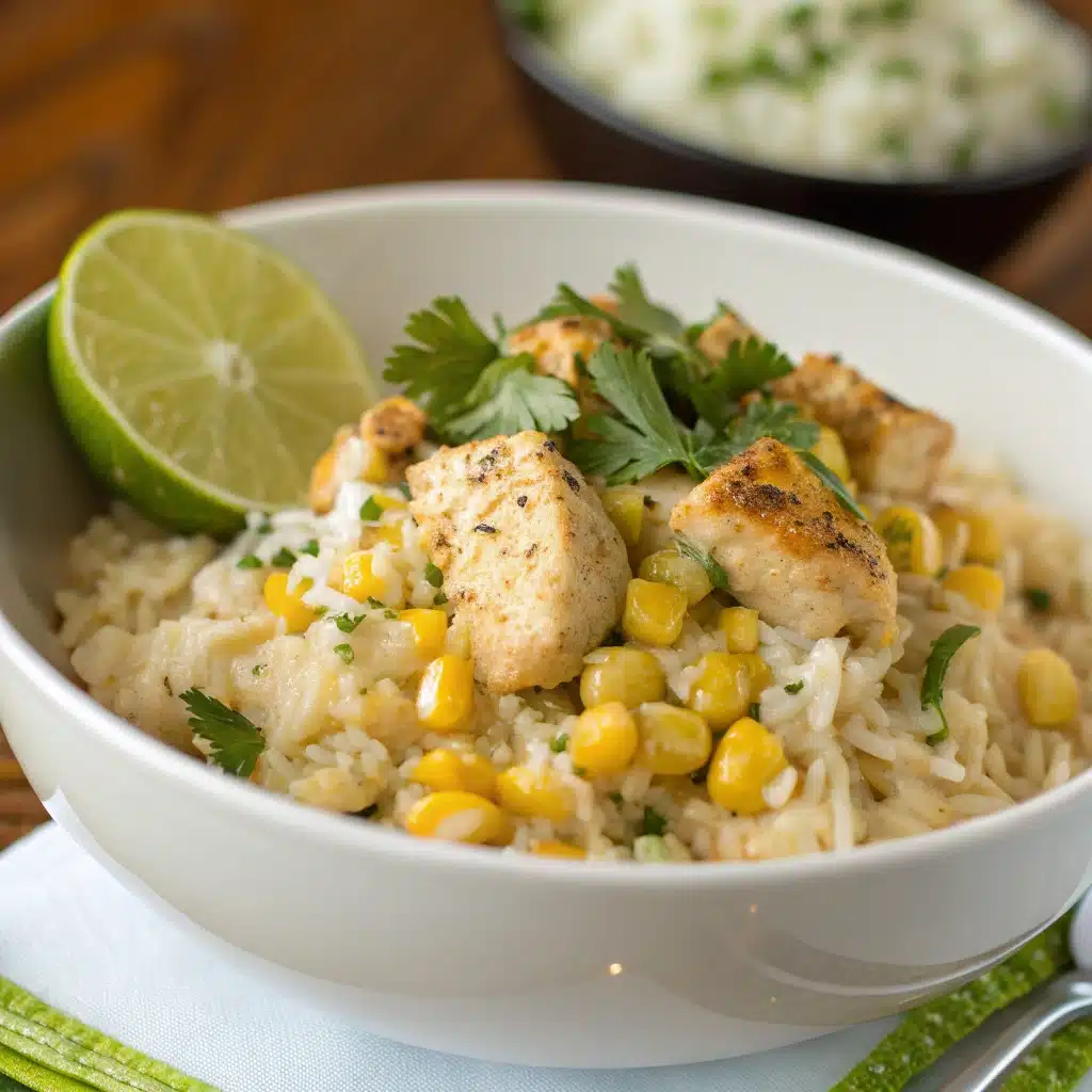 A close-up square image of a slice of the gluten-free Street Corn Chicken Bowl.