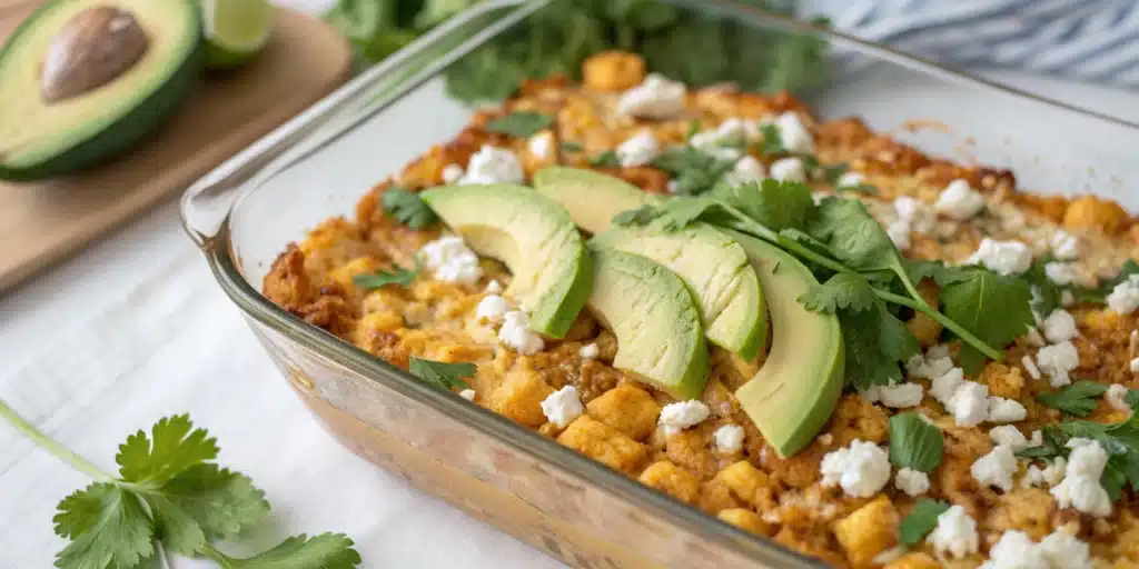 delicious baked gluten-free Street Corn Chicken Bowl, fresh out of the oven and garnished with cilantro and avocado.