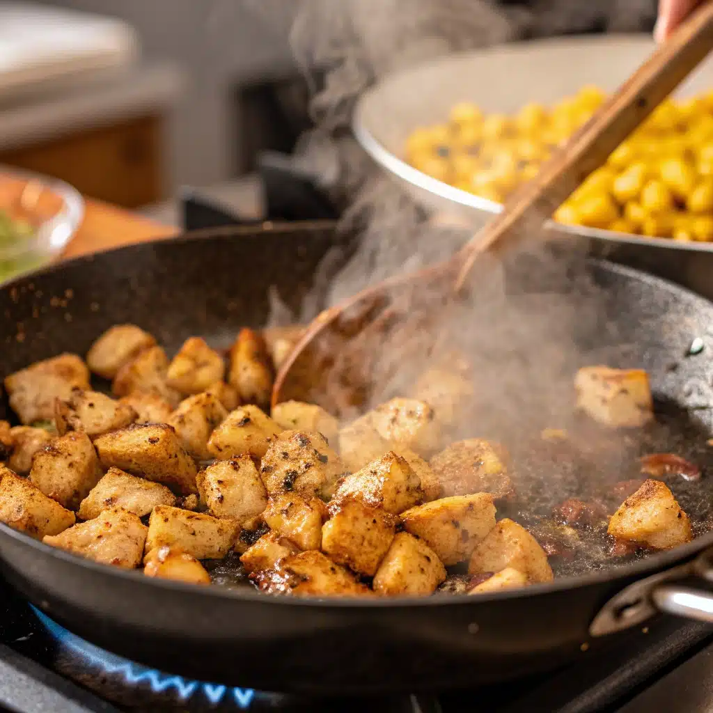 Cubed chicken being sautéed in a skillet for the gluten-free Street Corn Chicken Bowl.
