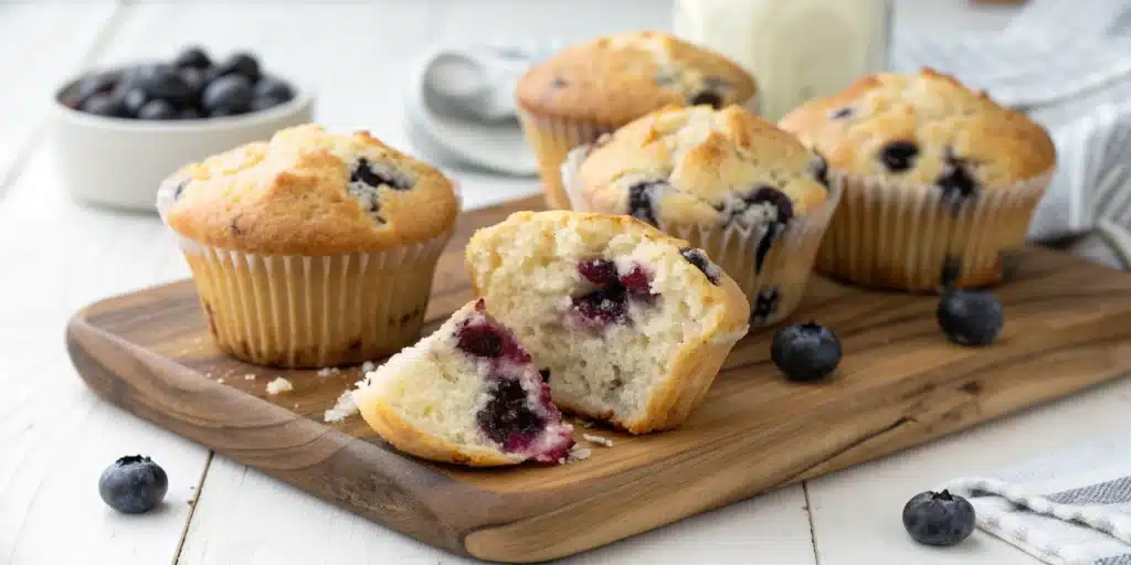 A batch of freshly baked gluten free blueberry muffins on a wooden board.