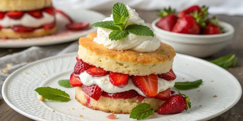A single serving of gluten-free strawberry shortcake with fresh berries and whipped cream.