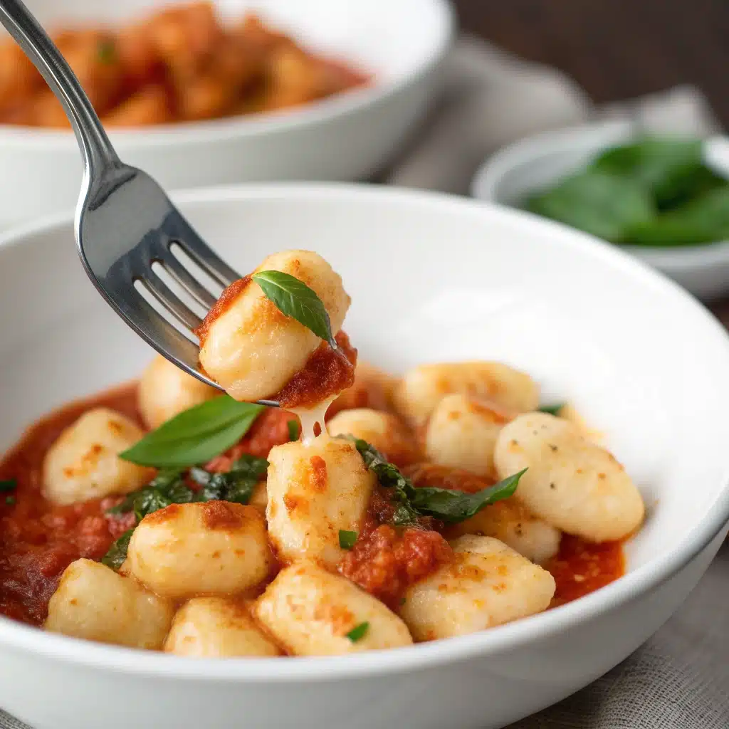 fork lifting a bite of tender gluten-free gnocchi from a bowl.