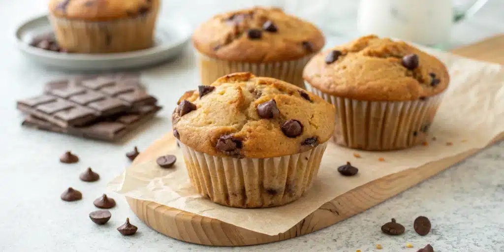 A perfect, high-topped gluten-free chocolate chip muffin on a piece of parchment paper.