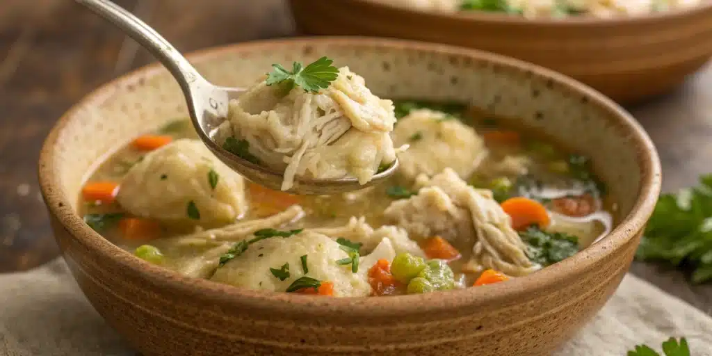 A warm, comforting bowl of homemade gluten-free chicken and dumplings with a ladle.