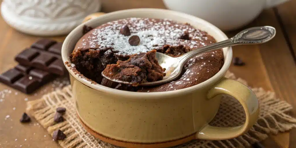 A warm, gooey gluten-free chocolate mug cake in a ceramic mug with a spoonful taken out.