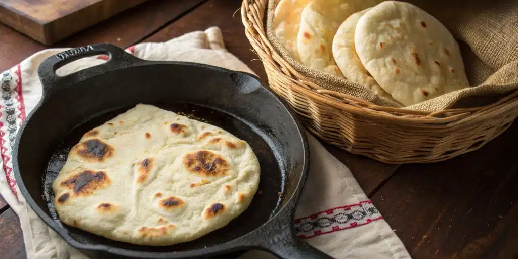 A piece of soft, bubbly gluten-free naan bread cooking in a cast-iron skillet next to a basket of more naan.