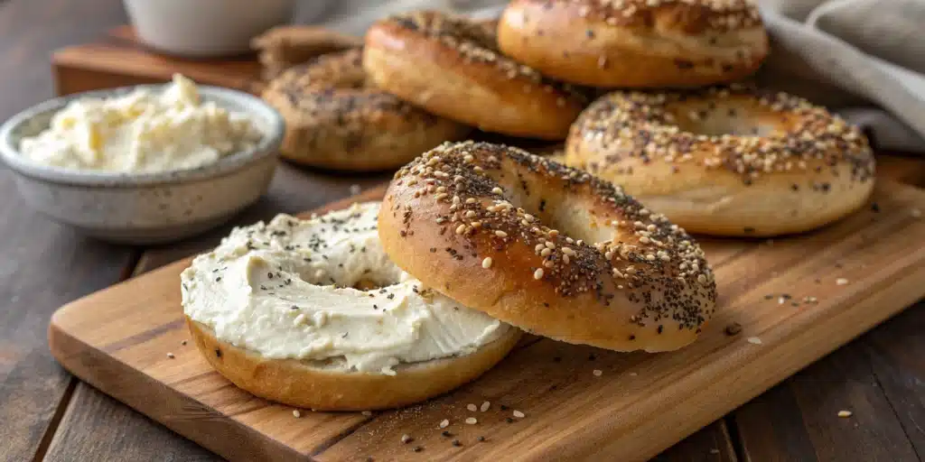 A pile of chewy, homemade gluten-free everything bagels with one sliced and toasted with cream cheese.