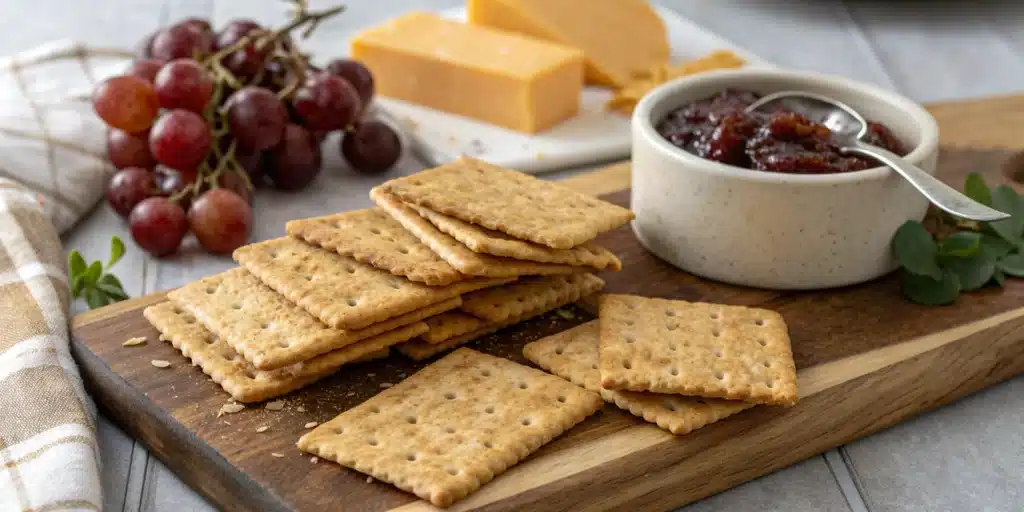 A pile of crispy, homemade gluten-free crackers on a charcuterie board with cheese and fruit.