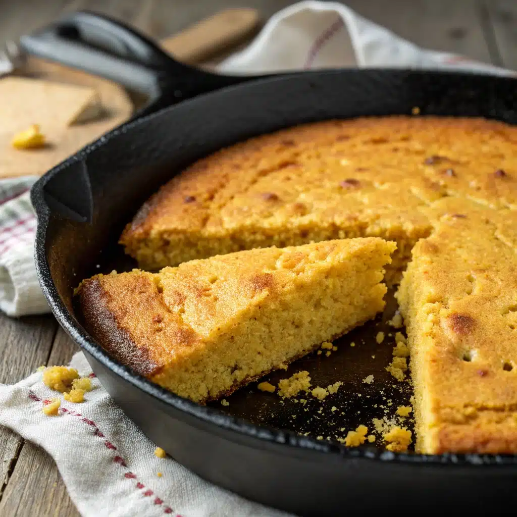 golden-brown gluten-free cornbread baked in a black cast-iron skillet.