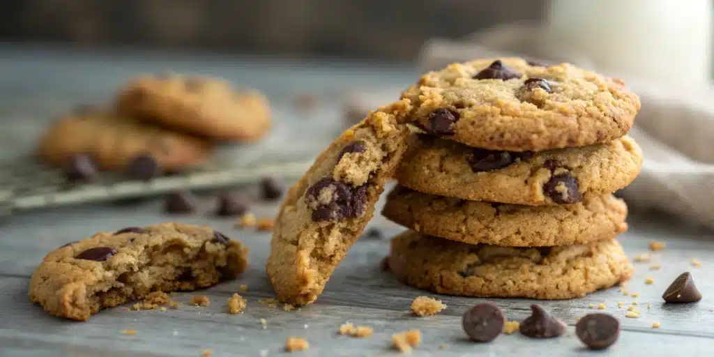 A stack of chewy gluten-free oatmeal chocolate chip cookies next to a glass of milk.