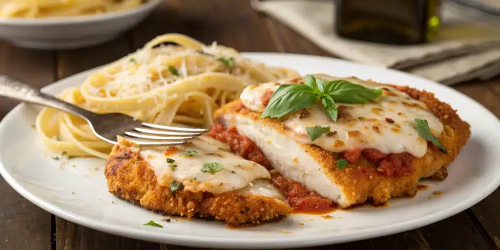 A crispy, golden-brown gluten-free chicken parmesan topped with melted mozzarella cheese on a plate.