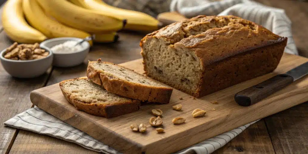 A moist, sliced loaf of the best gluten-free banana bread on a wooden board.