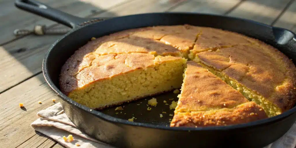 A golden, fluffy gluten free cornbread in a cast-iron skillet with one slice cut.