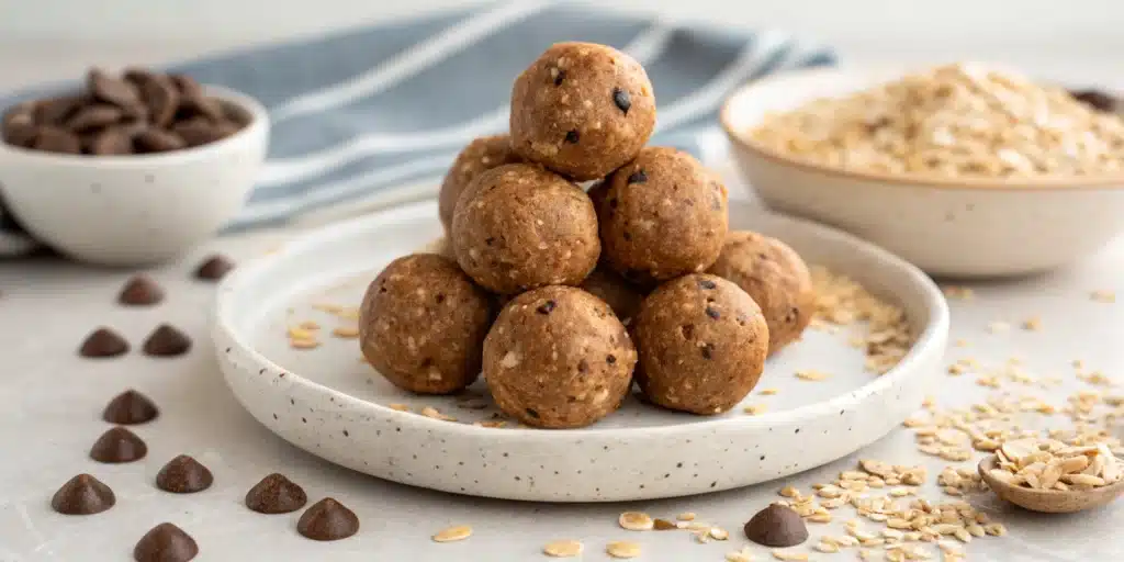 A pyramid stack of delicious gluten free protein balls on a white plate, ready to eat.