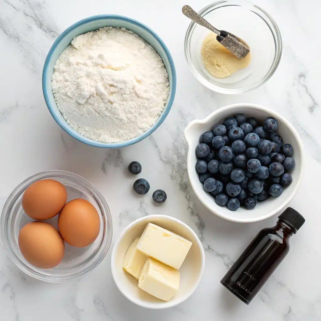 Ingredients for the gluten free blueberry muffin recipe laid out on a counter.