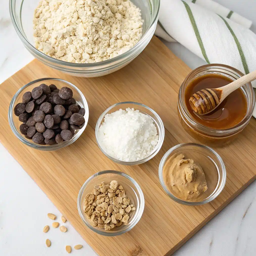 Ingredients for gluten free protein balls, including oats, peanut butter, and honey, laid out on a board.