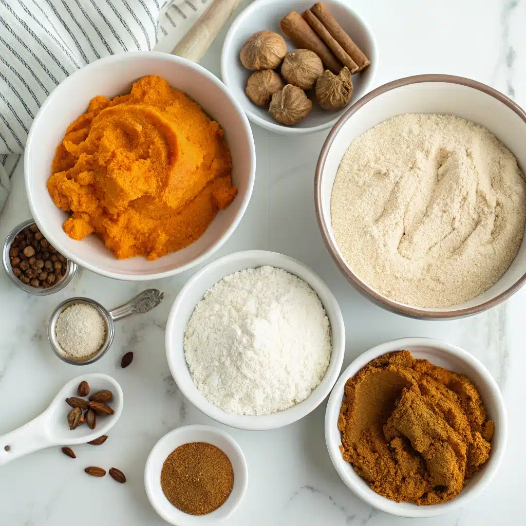 Ingredients for the easy gluten-free pumpkin bread recipe laid out on a counter.