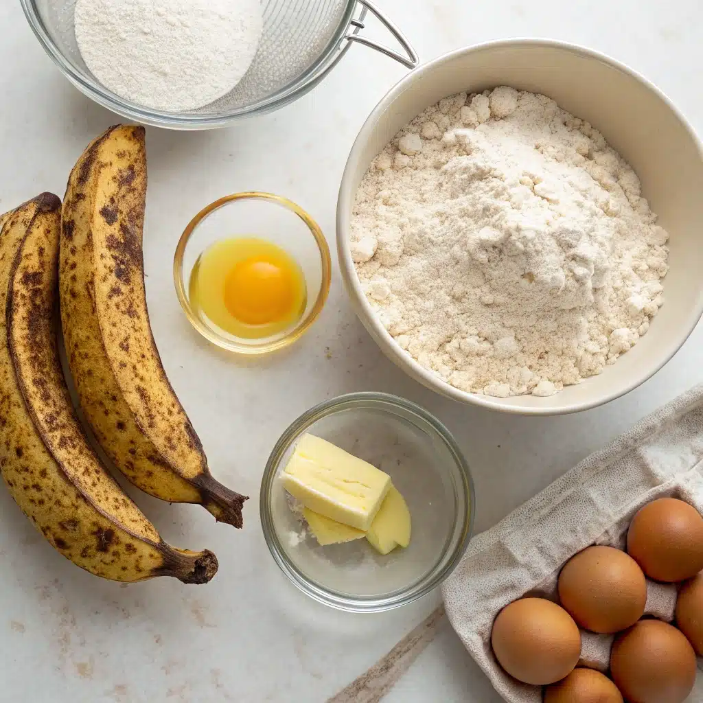 Ingredients for the moist gluten-free banana bread recipe, including very ripe bananas.