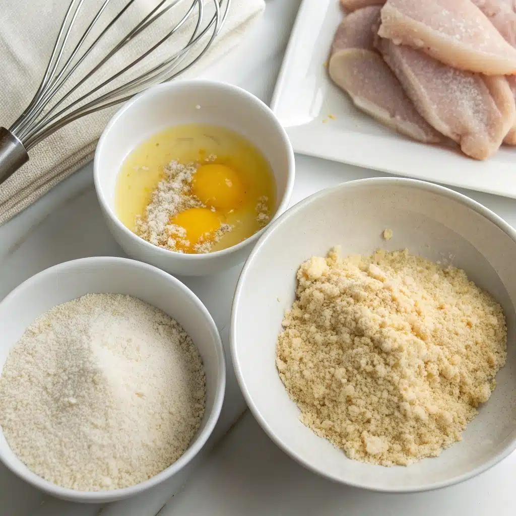 Ingredients for the three-step breading process for gluten-free chicken parmesan.