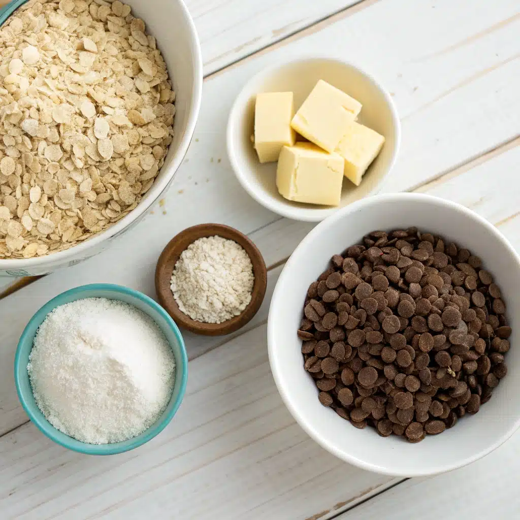 Ingredients for the easy gluten-free oatmeal cookies recipe, including certified gluten-free oats.