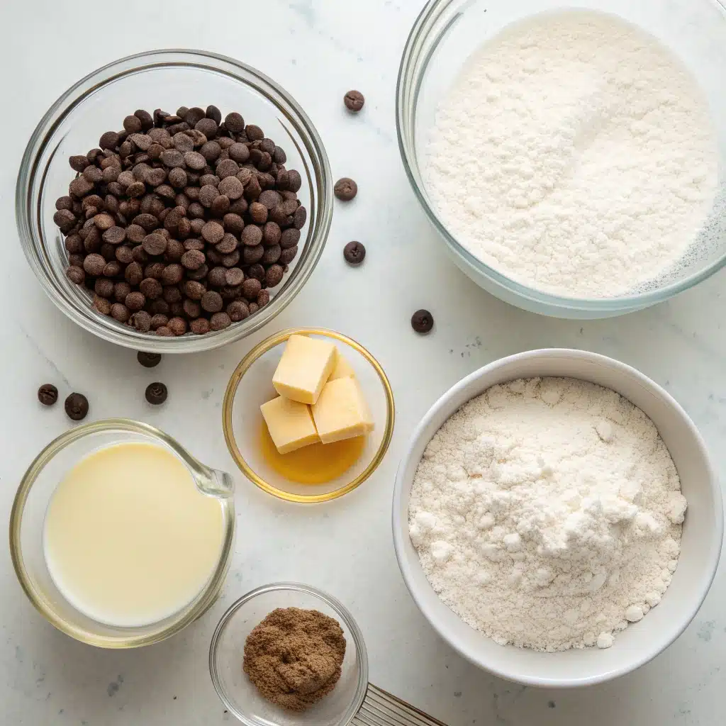 Ingredients for the fluffy gluten-free chocolate chip muffins arranged on a counter.