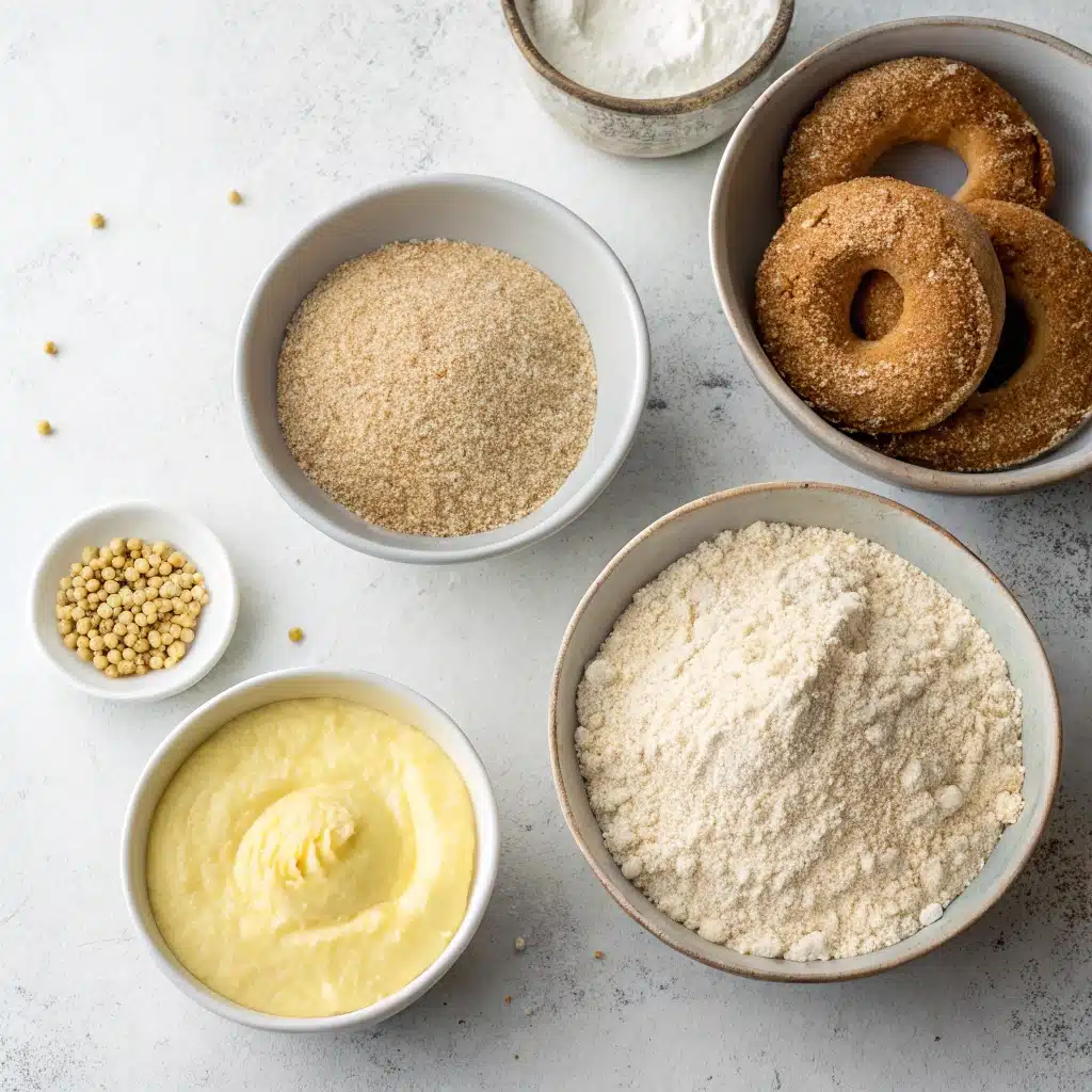 Ingredients for the Gf bagel recipe, showing psyllium husk gel and gluten-free flours.