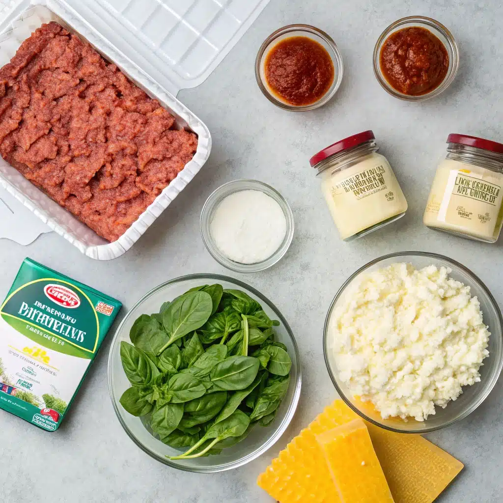 Ingredients for the Gf lasagna recipe, including gluten-free noodles, sauce, and cheeses.