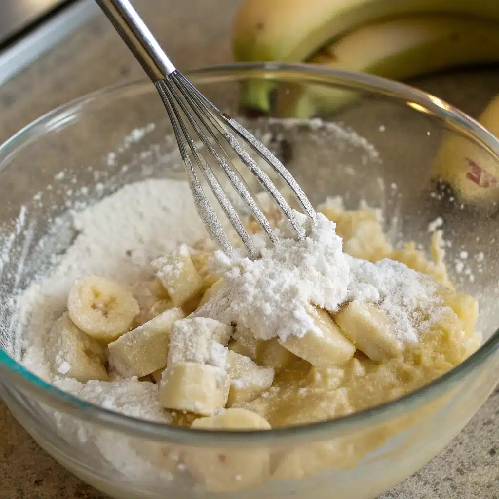 Sprinkling baking soda over mashed ripe bananas in a glass bowl for the banana bread batter.