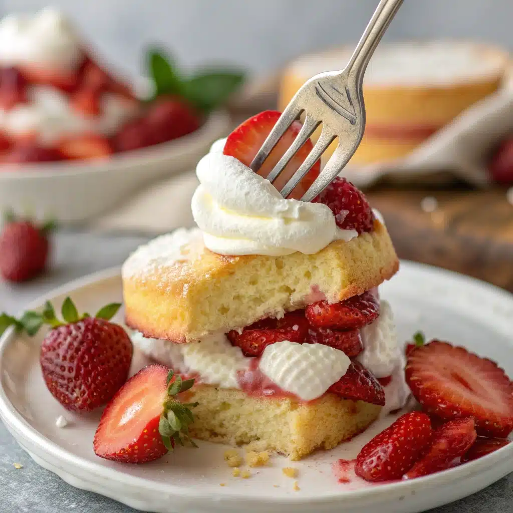 A fork taking a bite of a tender gluten-free strawberry shortcake.