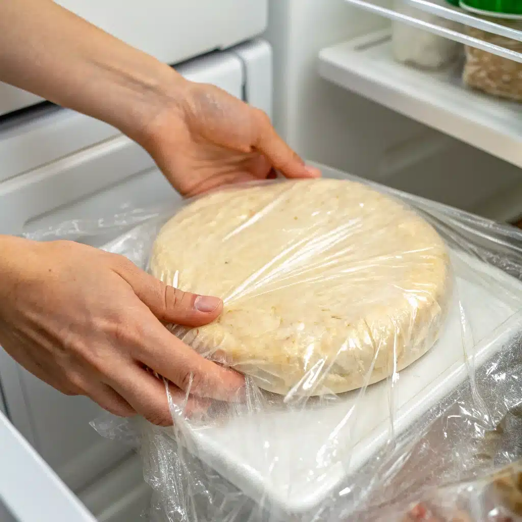 Gluten-free pie crust dough being wrapped in plastic before chilling.