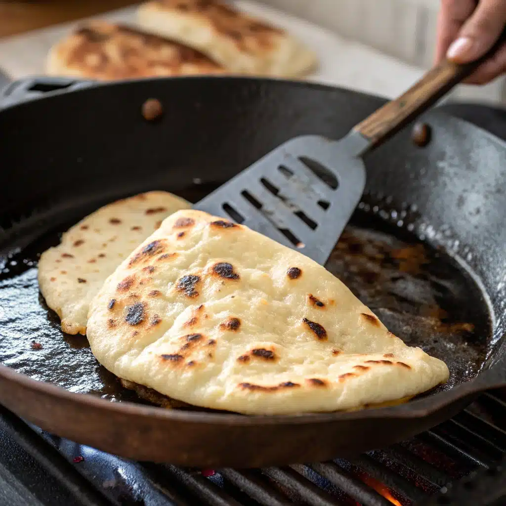 Flipping a piece of gluten-free naan in a hot skillet to cook the other side.