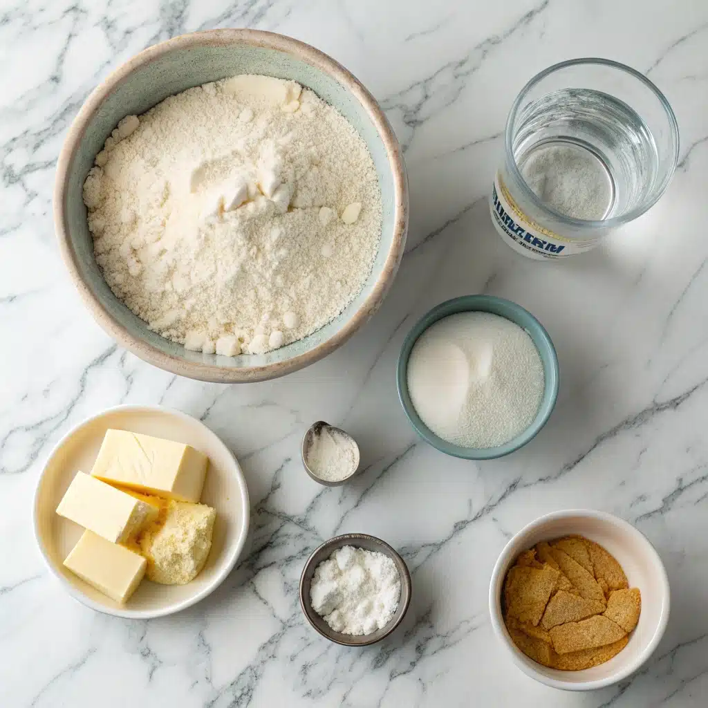 Ingredients for the gluten-free pie crust recipe, including flour, butter, and sour cream.