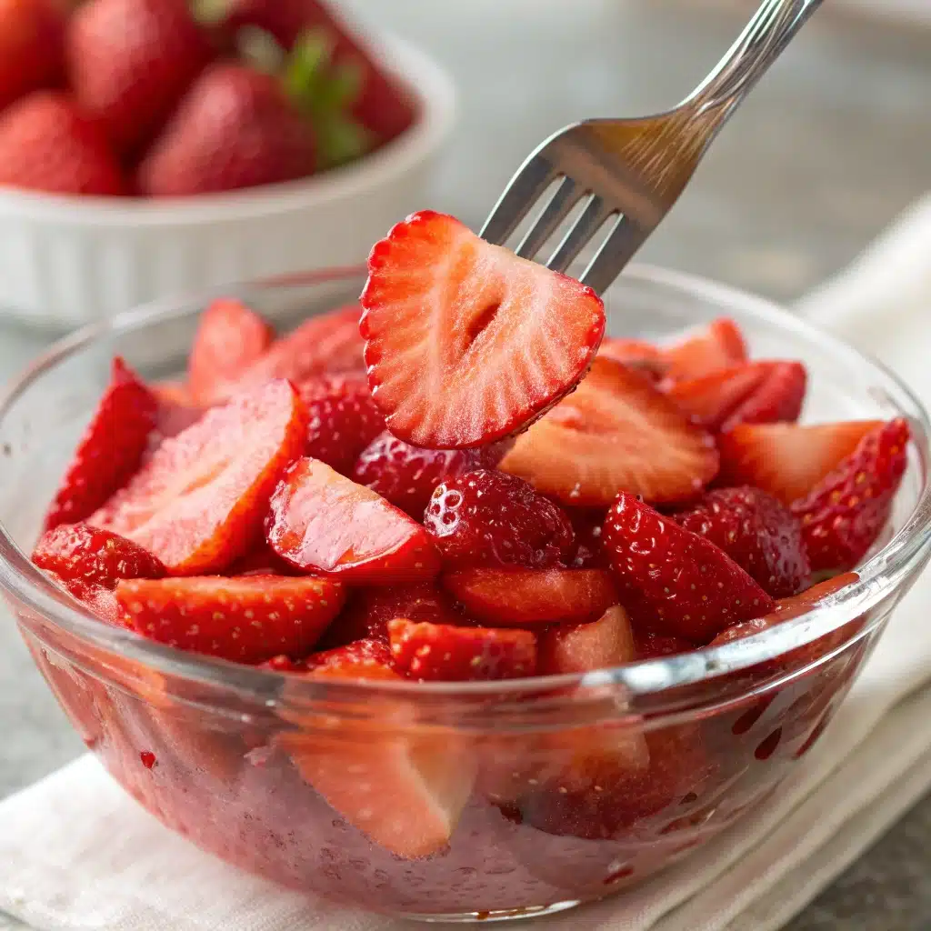 Mashing fresh strawberries with a fork to create a juicy topping for the shortcakes.