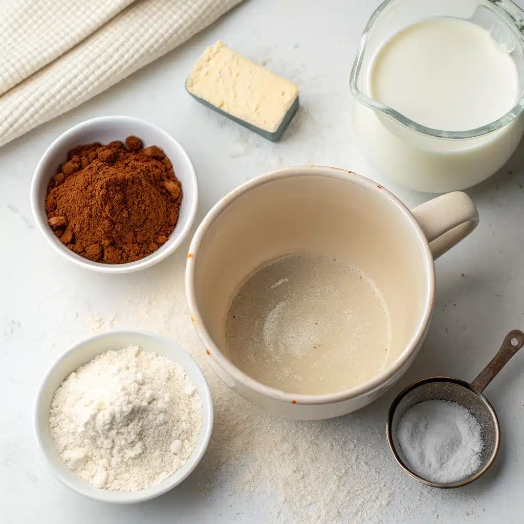 Ingredients for the easy gluten-free mug cake recipe arranged around a single mug.