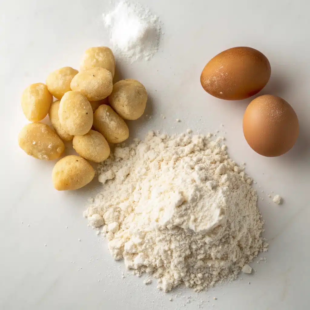 The three simple ingredients for gluten-free gnocchi: potatoes, flour, and an egg.