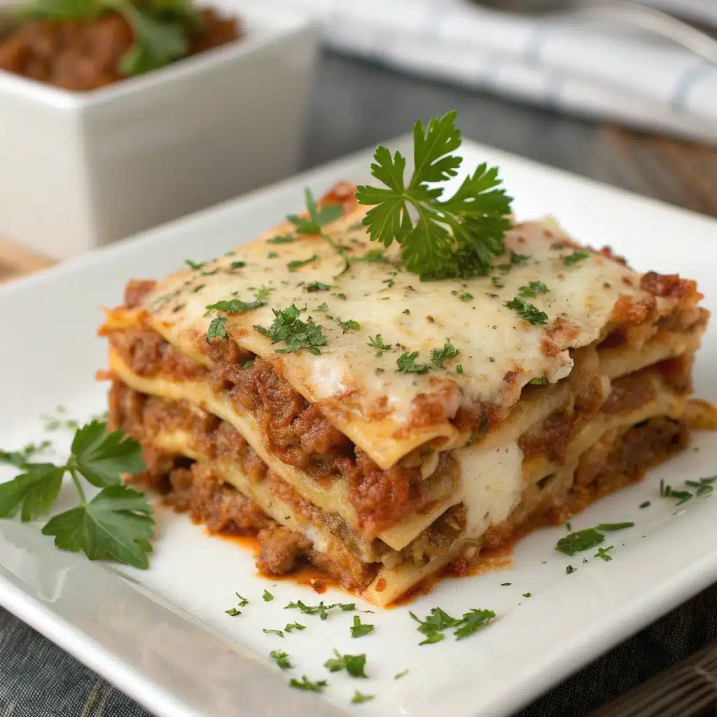 freshly baked gluten-free lasagna in a white 9x13 ceramic baking dish.