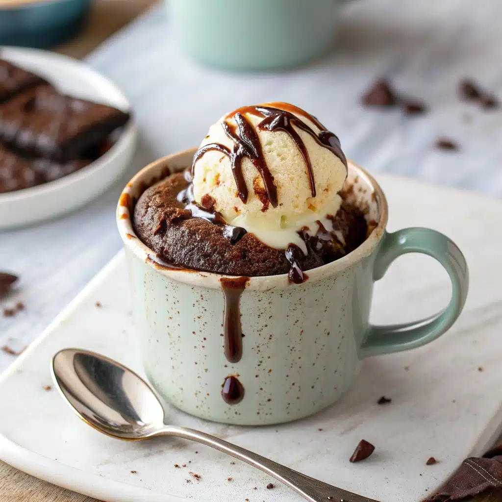 A finished gluten-free mug cake topped with melting vanilla ice cream.