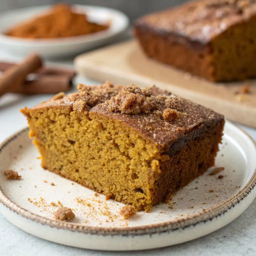 A perfect slice of moist gluten-free pumpkin bread on a plate.