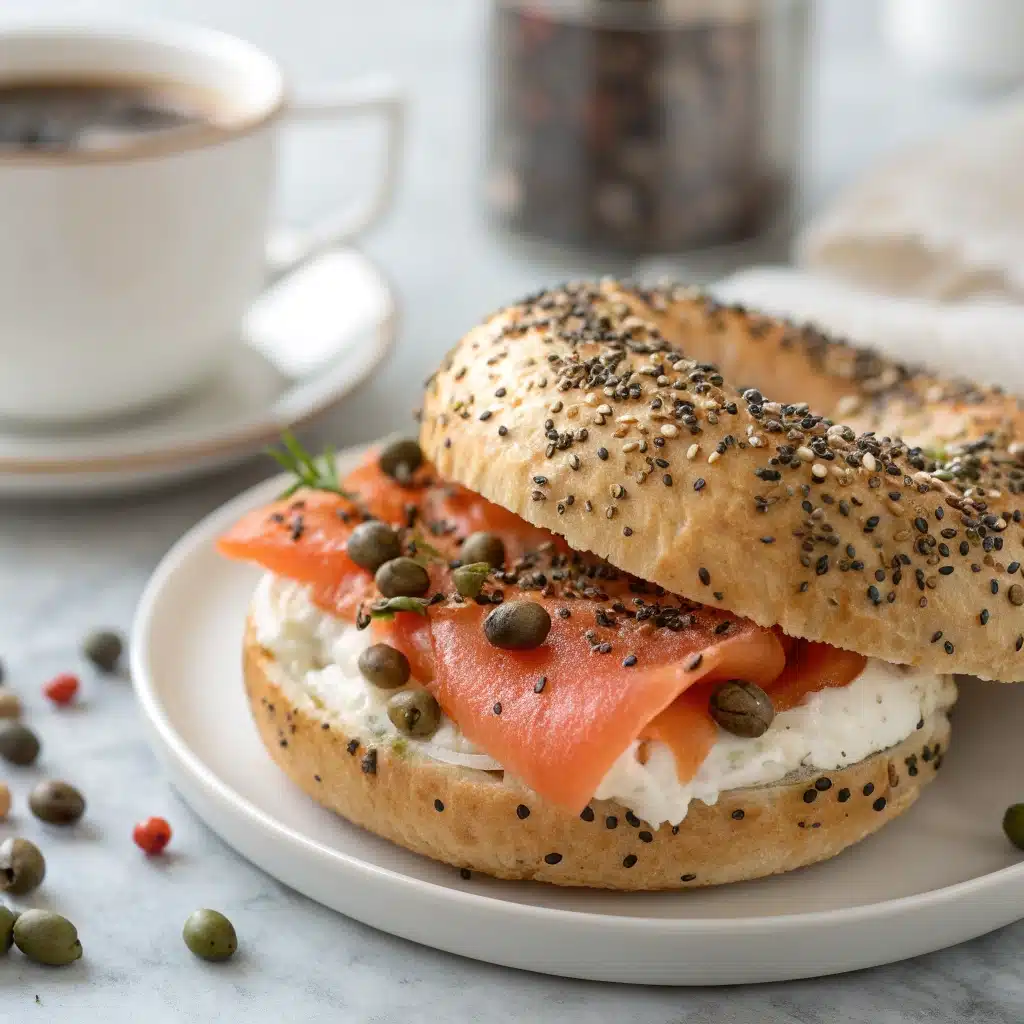A toasted and sliced gluten-free bagel with cream cheese on a plate.