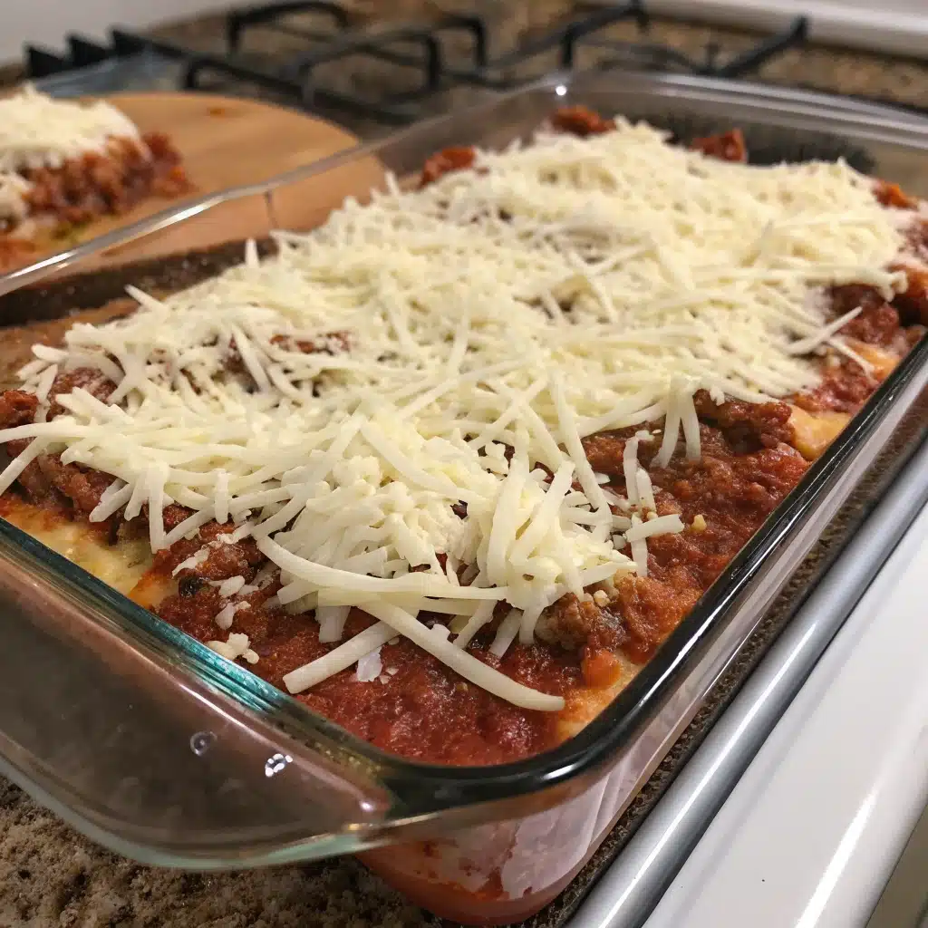 The gluten-free lasagna assembled and topped with mozzarella, ready for the oven.