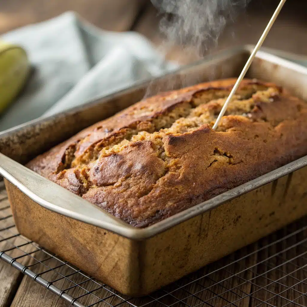 A toothpick being inserted into a freshly baked gluten-free banana bread loaf to test for doneness.