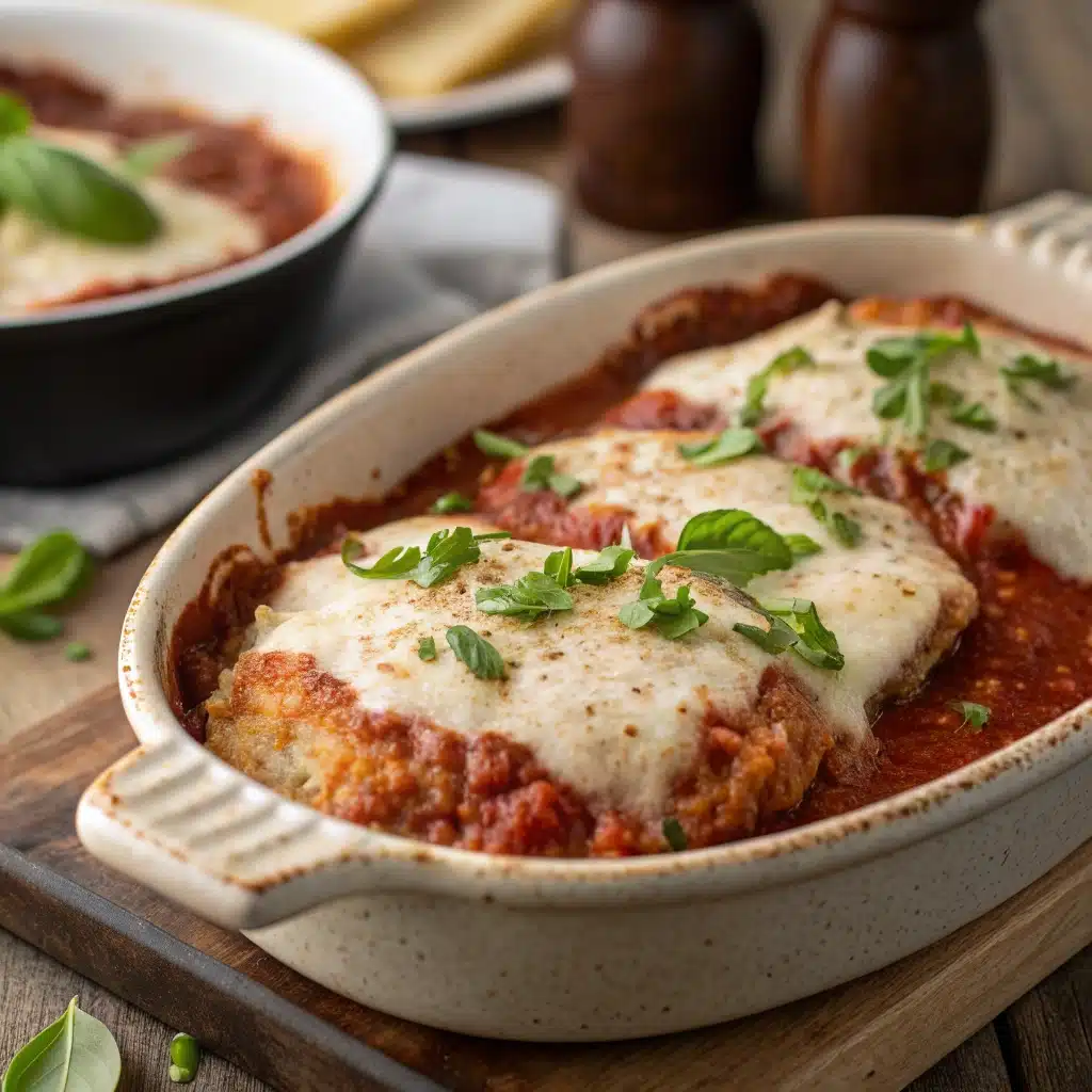 A single serving of baked gluten-free chicken parmesan with bubbly, melted cheese.