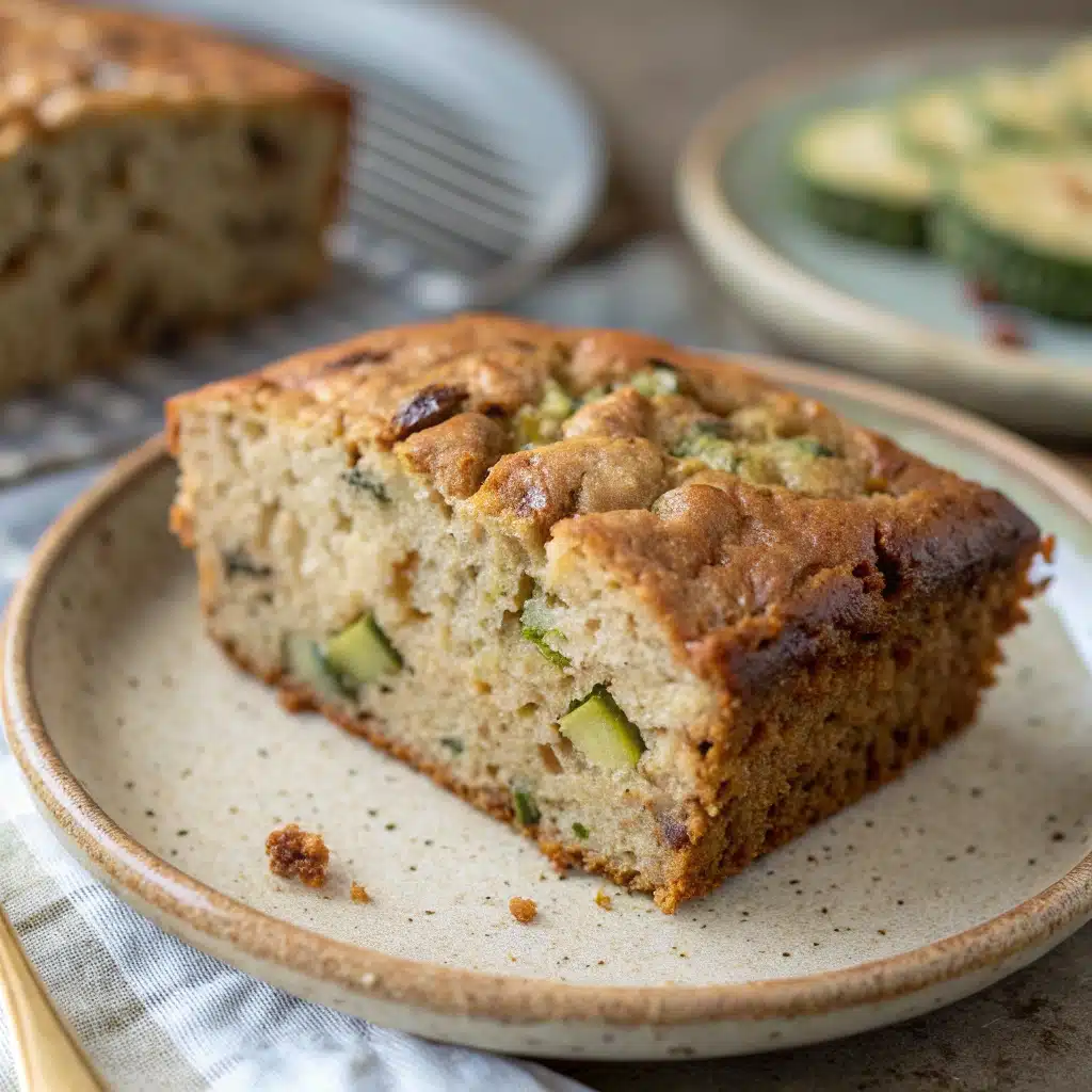 A single slice of moist gluten free zucchini banana bread on a plate.