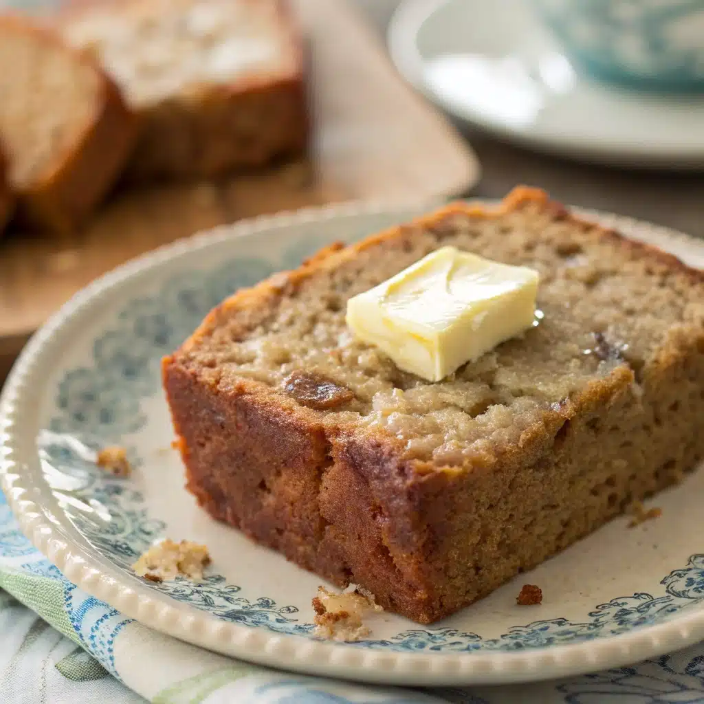 A warm slice of moist gluten-free banana bread with melting butter.