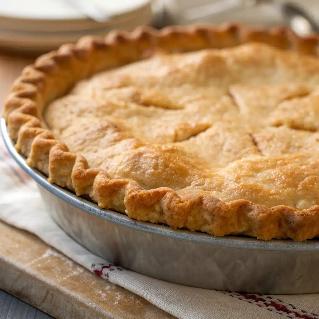 golden-brown baked gluten-free pie crust in a rustic metal pie plate.