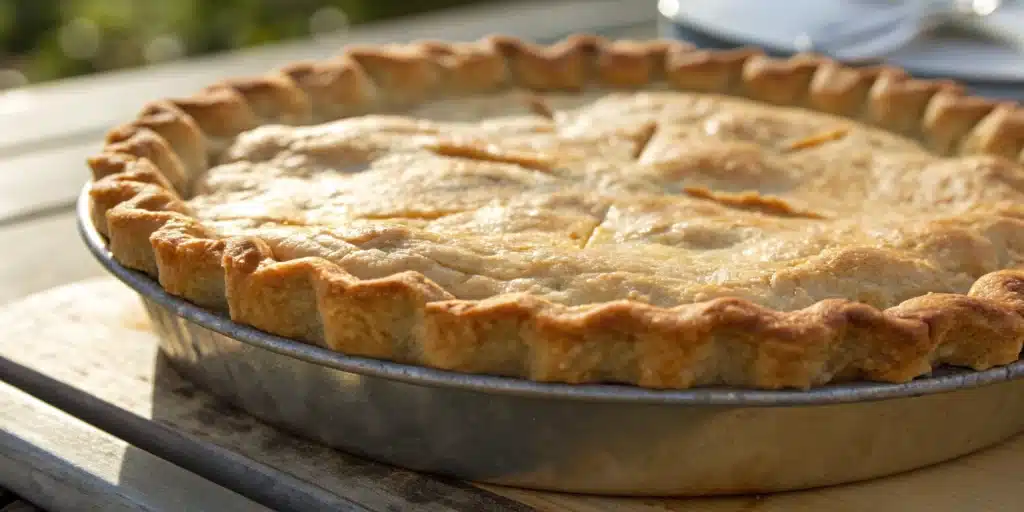 A perfectly baked, flaky golden gluten-free pie crust in a metal pie plate, ready for filling.